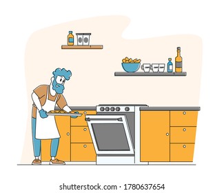 Culinary Experience, Housekeeping Duties and Home Chores. Man at Household Activities. Male Character Cooking Bakes Put Raw Buns into Oven on Kitchen, Baker Cook Dessert. Linear Vector Illustration