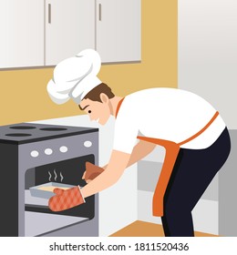 Culinary Experience, Housekeeping Duties and Home Chores. Man at Household Activities. Male Character Cooking Bakes Put Raw Buns into Oven on Kitchen, Baker Cook Dessert. Linear Vector Illustration