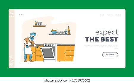 Culinary Experience, Housekeeping Landing Page Template. Duties and Home Chores. Man at Household Activities. Male Character Cooking Bakes on Kitchen, Baker Cook Dessert. Linear Vector Illustration