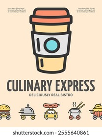 Culinary Express Food Delivery Concept Vertical Placard Poster Banner Card Template with Coffee Cup. Vector illustration