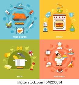 Culinary flat concept with recipes ingredients for different dishes cooking at home and chef tasks vector illustration