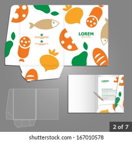 Culinary folder template design for company with food, fruits and vegetables. Element of stationery.