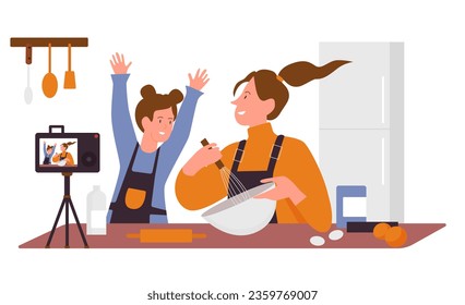 Culinary food blogger recording new video. Woman with daughter cooking online cartoon vector illustration