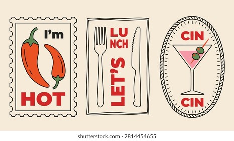 Culinary food and drink sticker set in minimalist line style, chili peppers, cutlery, martini glass, and olives