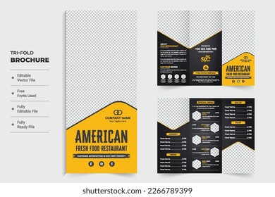 Culinary food menu tri fold brochure design with yellow and dark colors. Restaurant advertisement promotional template vector with food menu list. Food menu brochure and leaflet design for marketing.