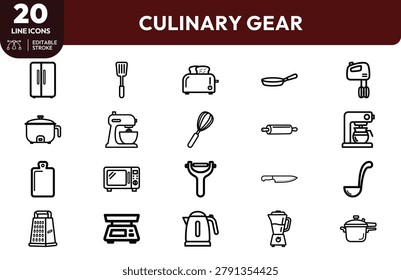Culinary Gear icon set. Contain icons for kitchen, tools, and more. Editable stroke. Vector illustration.