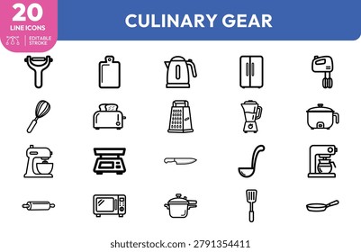 Culinary Gear icon set. Containing knife, spatula, whisk, scale, pan, cooking tools. Editable stroke. Vector illustration.