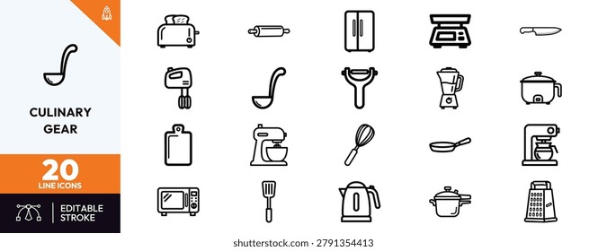 Culinary Gear icon set. Containing kitchen appliances, utensils, tools, and equipment. Editable stroke. Vector illustration.