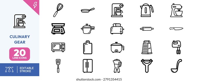 Culinary Gear icon set. Containing whisk, kettle, toaster, microwave, blender, more. Editable stroke. Vector illustration.