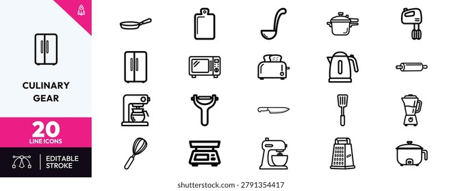 Culinary Gear icon set. Containing fridge, blender, toaster, kettle, and more. Editable stroke. Vector illustration.