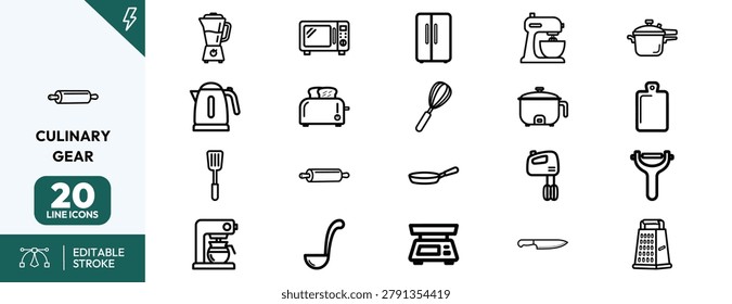 Culinary Gear icon set. Containing oven, fridge, kettle, toaster, whisk, and pan. Editable stroke. Vector illustration.
