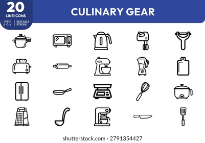 Culinary Gear icon set. Containing microwave, toaster, blender, mixer, kettle. Editable stroke. Vector illustration.