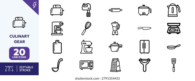Culinary Gear icon set. Containing toaster kettle mixer blender microwave scale more. Editable stroke. Vector illustration.