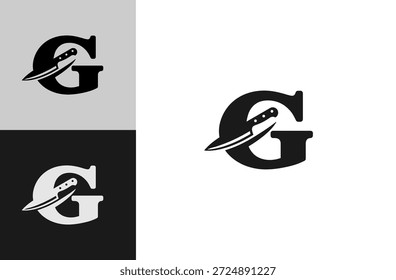 Diseño culinario del logotipo de G inspirado en cuchillos de chef para restaurantes. Aislado sobre fondo blanco.