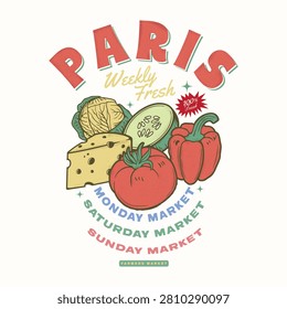 culinary graphic layout featuring a colorful, detailed illustration of fresh market produce, including a red tomato, bell pepper, Swiss cheese wedge, cucumber slice, and cabbage head. Set against a clean off-white background, the nostalgic vector art combines bold distressed typography reading 