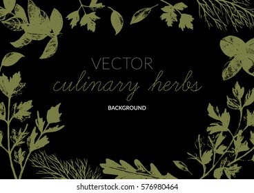 Culinary herbs background. Perfect for restaurant menu, organic shop, cards, posters. Green on black.

