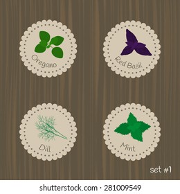 Culinary herbs labels. Set #1. Oregano, red basil, mint, dill.