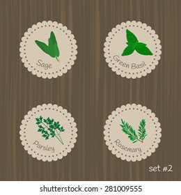 Culinary herbs labels. Set #2. Sage, green basil, parsley, rosemary.