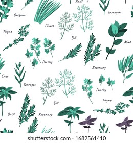 Culinary herbs seamless pattern. Cartoon flat style. Doodle hand drawn background for textile, packaging, wrapping. 