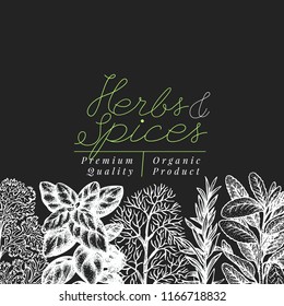 Culinary herbs and spices banner template. Vector background for design menu, packaging, recipes, label, farm market products. Hand drawn vintage botanical illustration on chalk board.