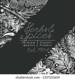 Culinary herbs and spices banner template. Vector background for design menu, packaging, recipes, label, farm market products. Hand drawn retro botanical illustration on chalk board.