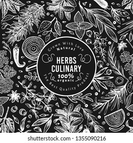 Culinary herbs and spices banner template. Vector background for design menu, packaging, recipes, label, farm market products. Hand drawn retro botanical illustration on chalk board.