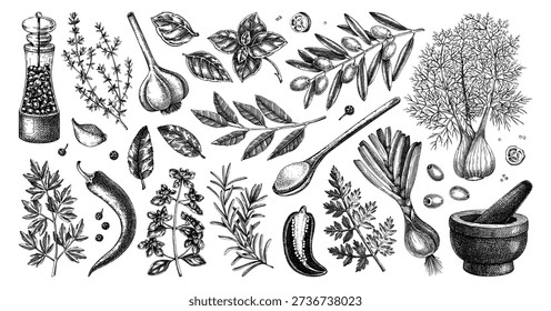 Culinary herbs, spices and kitchen ingredients hand drawn vector illustrations set. Natural food sketches for packaging, branding, labels, menus. NOT AI generated