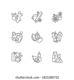 Hierbas culinarias e íconos lineales. Aromática. Temporadas asiáticas. Nuez y canela. Dedo y clavos. Símbolos de contorno de línea delgada personalizables. Ilustraciones de contorno vectorial aisladas
