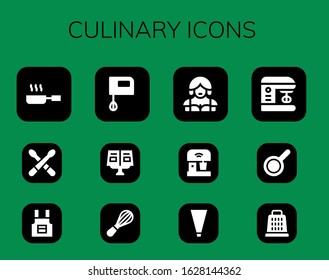 culinary icon set. 12 filled culinary icons. Included Frying pan, Drumsticks, Apron, Mixer, Recipe book, Waitress, Piping bag, Pan, Grater icons