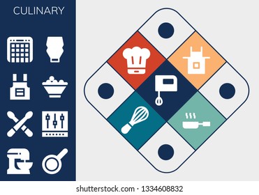 culinary icon set. 13 filled culinary icons.  Simple modern icons about  - Mixer, Beater, Pan, Drumsticks, Apron, Fruit bowl, Mayonnaise, Chef, Frying pan