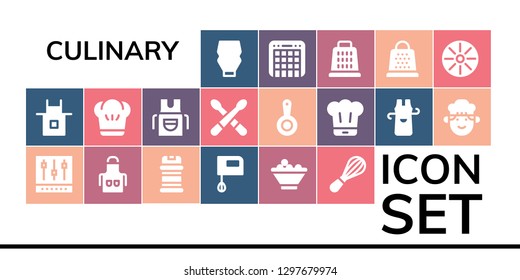  culinary icon set. 19 filled culinary icons. Simple modern icons about  - Mayonnaise, Apron, Mixer, Condiments, Fruit bowl, Chef, Drumsticks, Pan, Grater