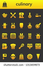 culinary icon set. 26 filled culinary icons.  Collection Of - Fruit bowl, Grater, Drumsticks, Mixer, Pan, Frying pan, Apron, Mayonnaise, Condiments, Beater, Chef, Recipe book