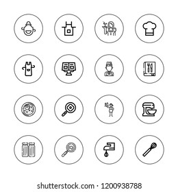 Culinary icon set. collection of 16 outline culinary icons with apron, beater, chef hat, chef, condiment, cookbook, frying pan, fried rice, recipe book, waitress icons.