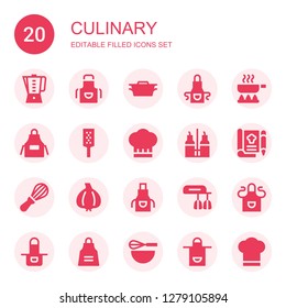 culinary icon set. Collection of 20 filled culinary icons included Beater, Apron, Dutch oven, Frying pan, Grater, Chef, Vinegar, Recipe, Mixer, Garlic, Chef hat