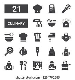 culinary icon set. Collection of 21 filled culinary icons included Frying pan, Apron, Recipe, Mixer, Grater, Garlic, Beater, Chef hat, Whisk, Chef