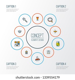 Culinary icons colored line set with lemonade, juicer, skillet and other bowl elements. Isolated vector illustration culinary icons.