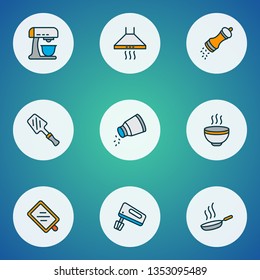 Culinary icons colored line set with hand mixer, salt, pepper grinder spice elements. Isolated vector illustration culinary icons.