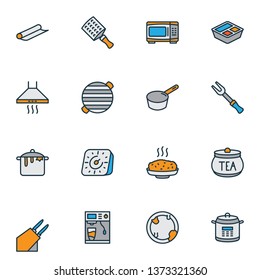 Culinary icons colored line set with bbq, kitchen hood, hot rice and other pot elements. Isolated vector illustration culinary icons.
