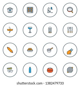 Culinary icons colored line set with kitchen shelves, sink, tomato timer and other soda elements. Isolated vector illustration culinary icons.