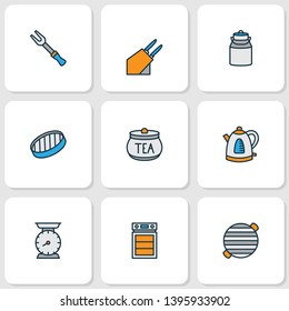 Culinary icons colored line set with bbq, knife holder, sieve and other weight elements. Isolated vector illustration culinary icons.