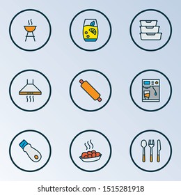 Culinary icons colored line set with rolling pin, coffee machine, kitchen hood and other cutlery elements. Isolated vector illustration culinary icons