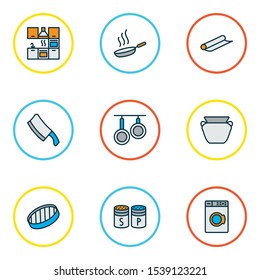 Culinary icons colored line set with sieve, salt with pepper, pans and other cooking
elements. Isolated vector illustration culinary icons.