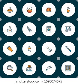 Culinary icons colored line set with washing machine, pudding, kitchen scissors and other skillet elements. Isolated vector illustration culinary icons.