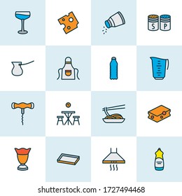 Juego de líneas de colores con íconos culinarios, cornudos, queso, copas de cóctel y otros elementos de soda. Iconos culinarios de ilustraciones vectoriales aisladas.