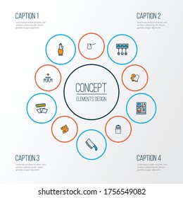 Culinary icons colored line set with utensil holder, baking paper, kitchen gloves and other cheddar elements. Isolated vector illustration culinary icons.