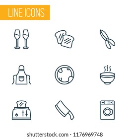 Culinary icons line style set with toaster, kitchen scissors, toast bread and other loaf elements. Isolated vector illustration culinary icons.