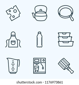 Culinary icons line style set with water bottle, measuring cup, apron and other storage elements. Isolated vector illustration culinary icons.