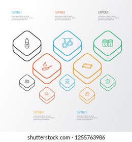 Culinary icons line style set with dishwasher liquid, washing machine, baking sheet and other skillet elements. Isolated vector illustration culinary icons.