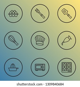 Culinary icons line style set with chef hat, whipped cream clay, microwave and other oven elements. Isolated vector illustration culinary icons.