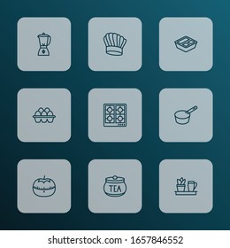 Culinary icons line style set with tea container, blender, kitchen plant and other jar elements. Isolated vector illustration culinary icons.